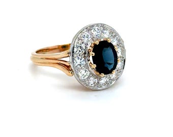 Vintage 14K Yellow Gold Diamond Halo and Sapphire Engagement Ring - 3.00ct.