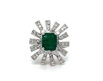 Retro Vintage 18K White Gold Diamond and Emerald Cluster Engagement Ring - 2.76ct.
