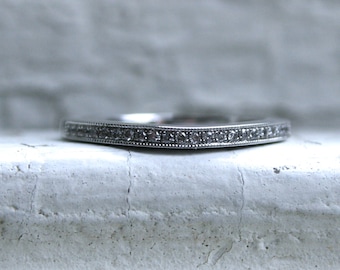 Curved Pave Vintage 14K White Gold Diamond Wedding Band.