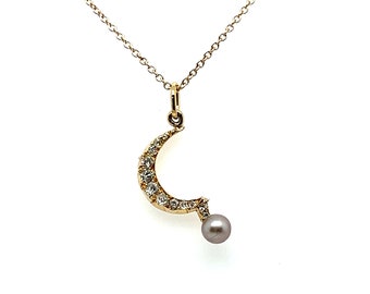 Antique Victorian Diamond Crescent Moon with Pearl Necklace in Solid Gold - 0.50ct.