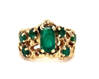 One of a kind Vintage 14K Yellow Gold Emerald Tiara Style Ring.