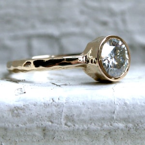 Hammered 14K Yellow Gold Moissanite Solitaire Engagement Ring Wedding Ring.