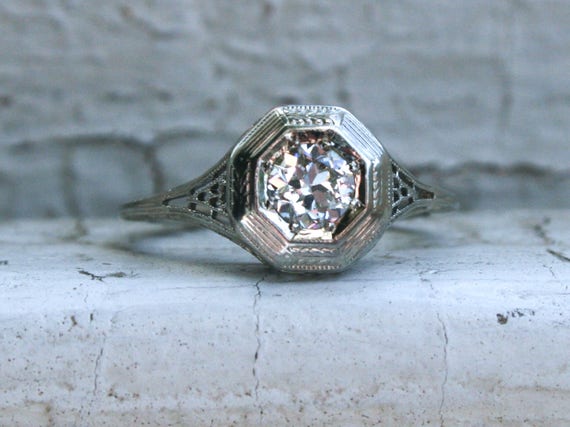 Vintage Filigree 18K White Gold Solitaire Diamond… - image 2