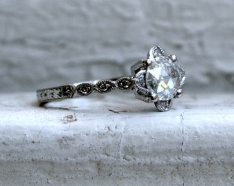 Platinum Rose Cut Moissanite Engagement Ring.