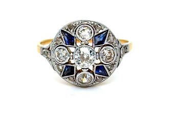 Antique 18K Yellow Gold/ Platinum Diamond and Sapphire Ring Engagement Ring.