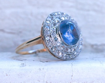 Antique Cabochon Sapphire Engagement Ring – 14K Gold, Diamond Halo