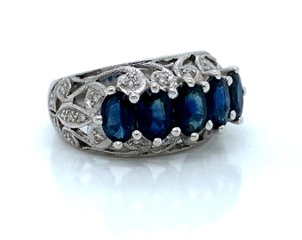 Vintage 14K White Gold Sapphire and Pave Diamond Engagement Ring Wedding Band - 2.79ct.