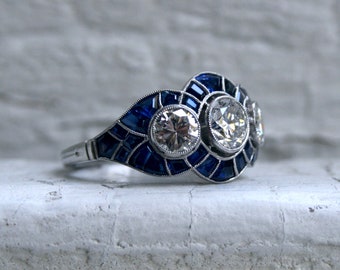 Gorgeous Vintage Three Stone Diamond Ring Sapphire Halo Engagement Ring in Platinum - 3.05ct.