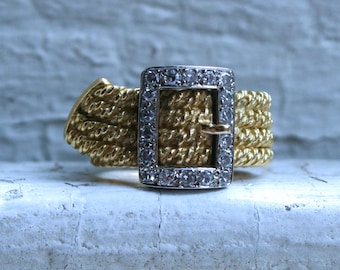 Vintage 18K White and Yellow Gold Diamond Buckle Rope Ring Band - 0.32ct.