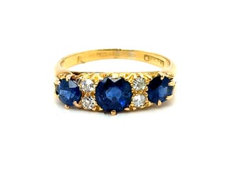 Antique Victorian 18K Yellow Gold Sapphire and Diamond Wedding Band Ring.