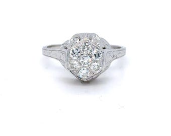 Vintage Filigree 18K White Gold Solitaire Diamond Engagement Ring - 0.42ct.