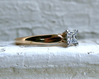 Traditional Vintage 14K Yellow Gold Princess Cut Diamond Solitaire Engagement Ring.