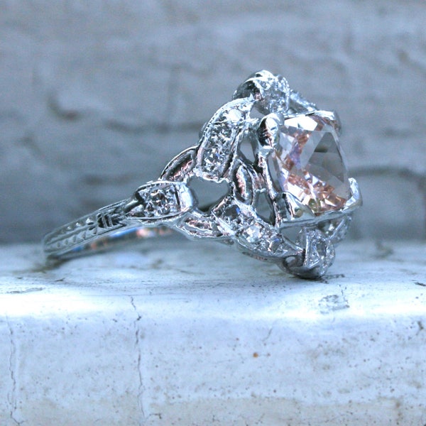 Vintage Platinum Diamond and Morganite Ring Engagement Ring - 0.61ct.