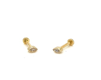 14K Yellow Gold Marquise Diamond Stud Earrings, Bezel Set