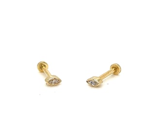 Marquise Cut Diamond Stud Earrings in Solid 14K Yellow Gold, Bezel Set, Small, Natural Diamond.