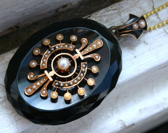 Antique Victorian 14K Yellow Gold Pendant Locket with Onyx, Pearls, and Enamel.