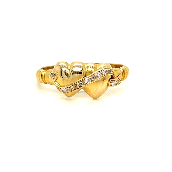 アンティーク 18K イエロー ゴールド ダブル ハート ダイヤモンド 