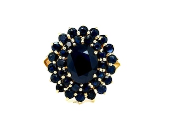 Vintage 14K Yellow Gold Double Sapphire Halo and Sapphire Engagement Ring - 4.20ct.