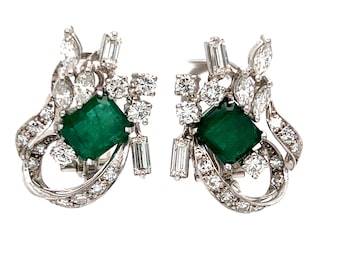 Retro Vintage Natural Emerald and Diamond Dangle Earrings in 18K White Gold - 5.28ct.