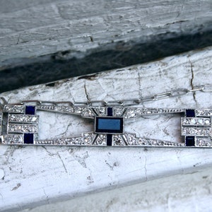 Vintage Geometric Art Deco 14K White Gold Diamond and Sapphire Necklace.