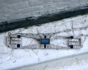 Vintage Geometric Art Deco 14K White Gold Diamond and Sapphire Necklace.