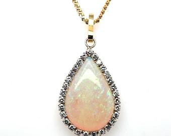 Vintage Pear Opal with Diamond Halo Pendant Necklace in 14K Yellow Gold.