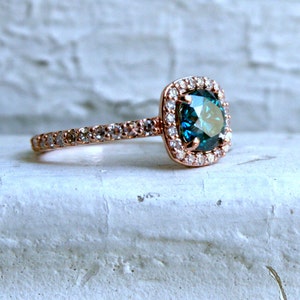 14K Rose Gold Pave Diamond and Blue Diamond Halo Ring - 1.05ct.