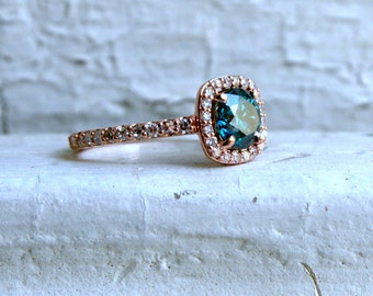 14K Rose Gold Pave Diamond and Blue Diamond Halo Ring - 1.05ct.