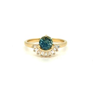 Teal Sapphire and Baguette Diamond Ring Engagement Ring.