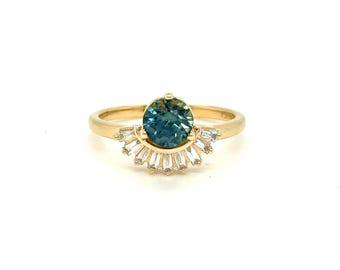 Blauwgroen saffier en stokbrood diamanten ring verlovingsring.