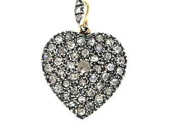 Victorian 14K Yellow Gold/ Silver Rose Cut Diamond Heart Pendant.