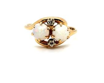 Stunning Antique 14K Yellow Gold Opal and Diamond Twin Stone Ring.