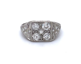 GERESERVEERD - Antieke platina diamanten clusterring – verlovingsring bloemenslinger