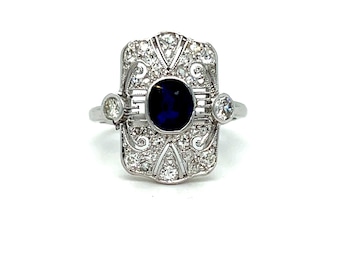 Art Deco Vintage Open Work Platinum Sapphire and Diamond Ring - 1.90ct.