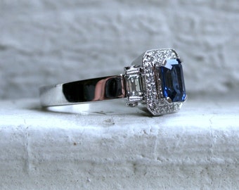 Vintage 18K White Gold Pave Diamond and Sapphire Halo Ring - 1.62ct.