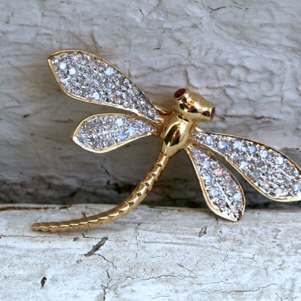 Vintage Diamond and Ruby Dragonfly Pin in 14K Yellow Gold - 0.54ct.