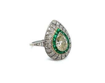 Stunning Pear Cut Diamond and Emerald Halo Ring Engagement Ring in Platinum - 2.45ct.