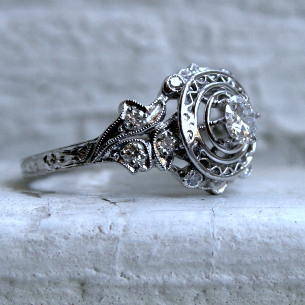 Gorgeous Vintage Leafy Diamond Platinum Engagement Ring.