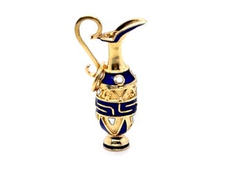 Vintage 14K Yellow Gold Blue and White Enamel Pitcher Charm/ Pendant.
