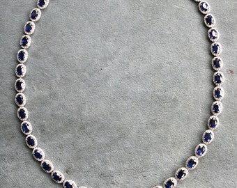 Significant Vintage 14K White Gold Diamond Halo and Natural Sapphire Riviera Style Necklace - 37.15ct.