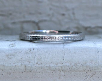 Vintage Hand Etched 14K White Gold Wedding Band.