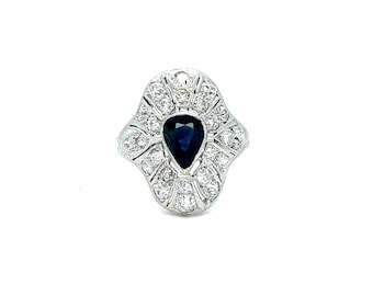 Vintage Art Deco Platinum Sapphire Diamond Ring – Pear Cut, Pave Setting