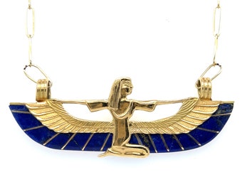 Amazing Vintage Egyptian Revival 18K/ 14K Yellow Gold and Lapis Ra Sun Goddess Necklace.