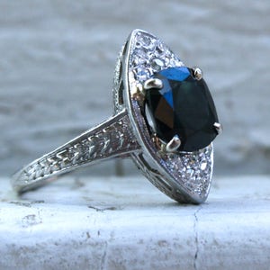 Beautiful Vintage Diamond and Sapphire Navette Platinum Ring.