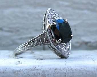 Beautiful Vintage Diamond and Sapphire Navette Platinum Ring.