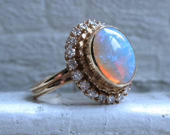 RESERVED - Gorgeous Vintage Opal and Diamond 14K Yellow Gold Ring Engagement Ring - 7.80ct.