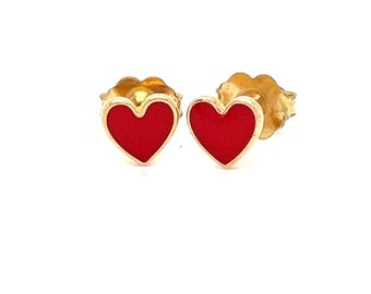 Red Enamel Heart Stud Earrings in Solid 14K Gold.