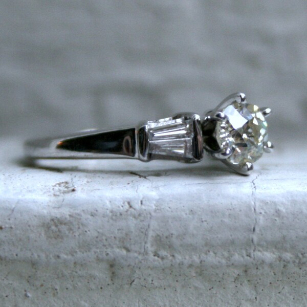 Elegant Vintage 14K White Gold Diamond Engagement Ring with Baguettes - 0.79ct.