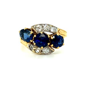 Antique French 18K Yellow Gold Diamond and Three Stone Sapphire ByPass Ring - 3.00ct.