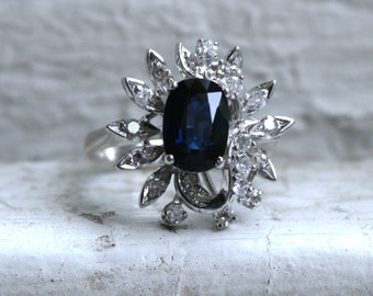 Vintage 18K White Gold Retro Diamond and Sapphire Cluster Engagement Ring -2.22ct.